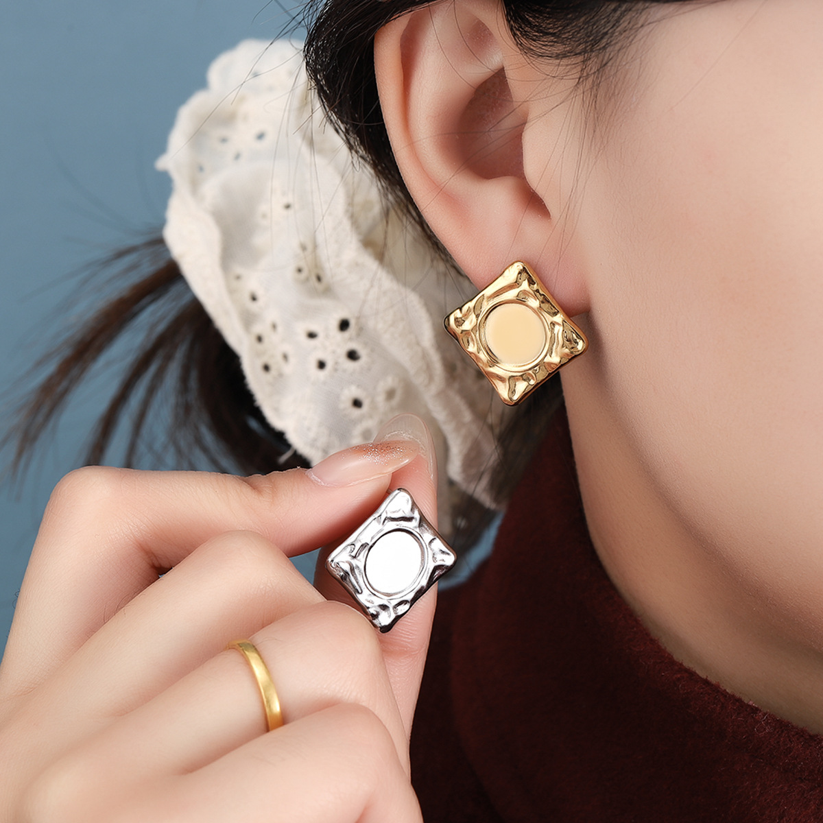 Europe And The United States Cross-border Explosions Personality Pearl Square Earrings Unique Niche Design High Sense Jewelry Factory Direct Batch