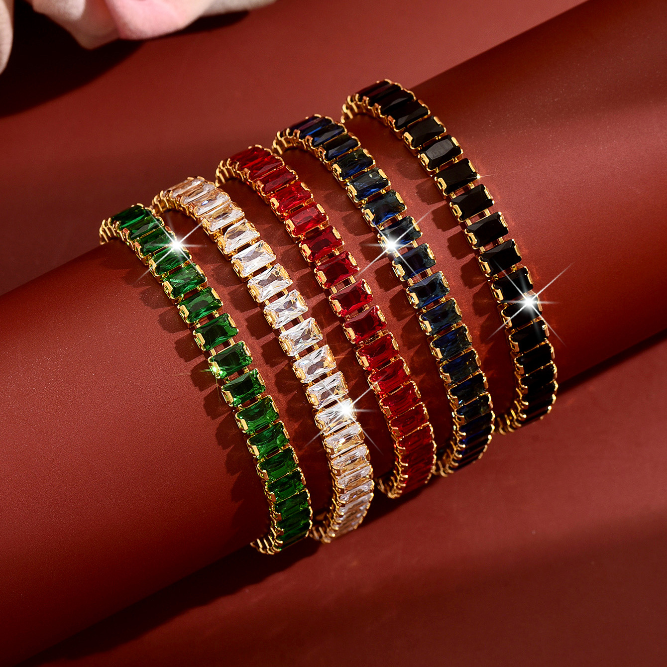 Women Baguette Colored CZ Tennis Bracelet, Gold Plated Slim Wrist Chain Daily Party Jewelry
