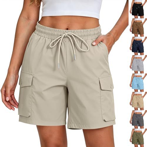 Summer New Quick Drying Workwear Shorts For Women, With Elastic Drawstring, High Waist, Multiple Pockets, Loose Five Quarter Pants, Outdoor Hiking, Leisure And Sports Shorts