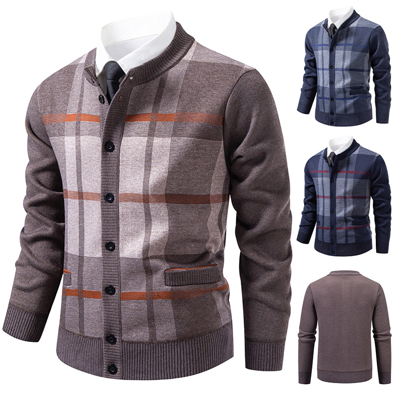 Bărbați Stand guler carouri Chenille tricot Cardigan fleece căptușit cald nasture pulover jacheta cu buzunare toamnă iarnă afaceri casual îmbrăcăminte de