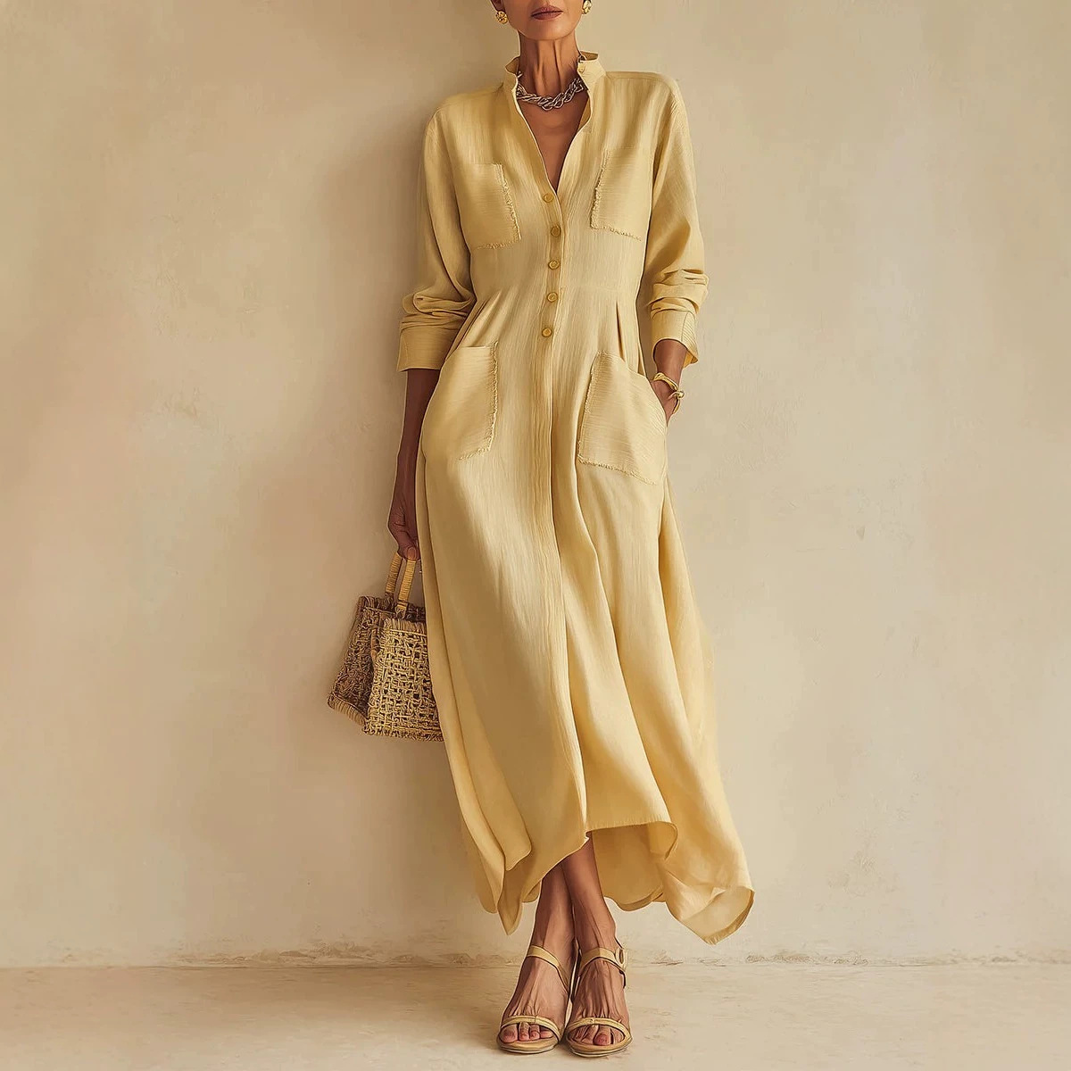 Rochie lungă în stil franțuzesc, cu guler ridicat, cu jumătate de nasture, rochie midi cu buzunare, cu buzunare, pentru femei