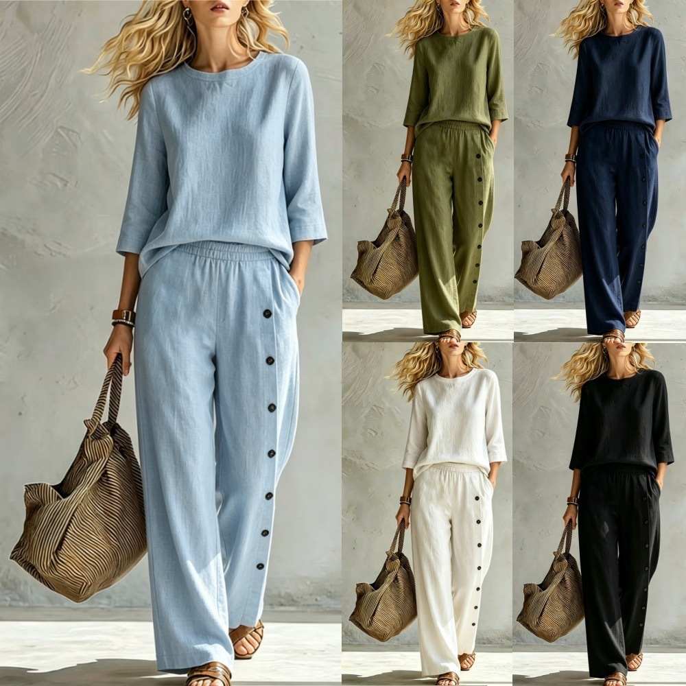 2026 European And American Women's Fashionable Solid Color Buckle Design Casual Loose Two-piece Set