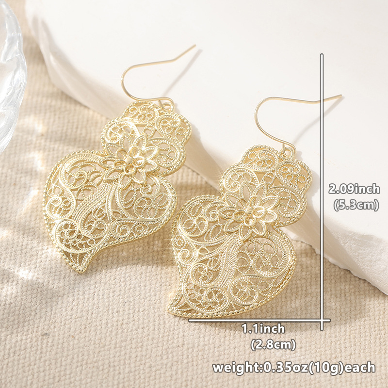 Filigran Vintage Floral Heart Drop Cercei Aur Ton Alamă Femei Petrecere Elegantă Bijuterii La Modă Declarație