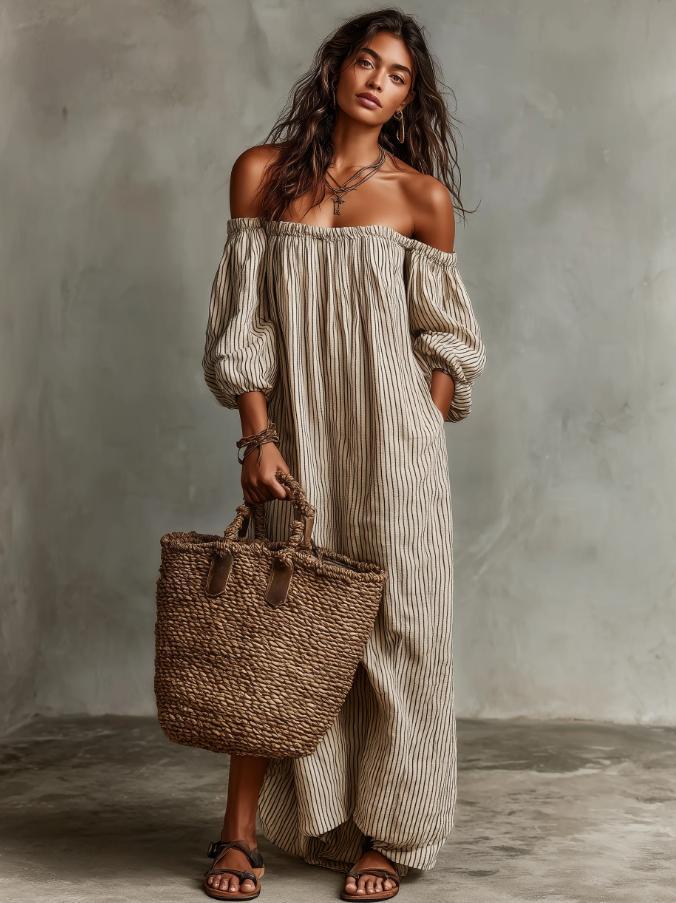 Women's Summer Off Shoulder Striped Dress Elegant Loose Casual Dress