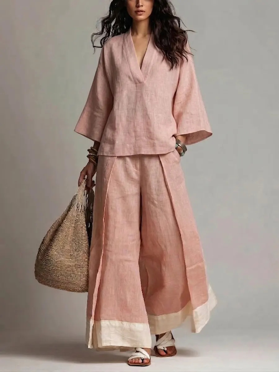 2026 Amazon European And American Cross-Border Spring And Summer Cotton And Linen French V-Neck Three-Quarter Sleeve Shirt Contrasting Color Wide-Leg Pants Set For Women product image