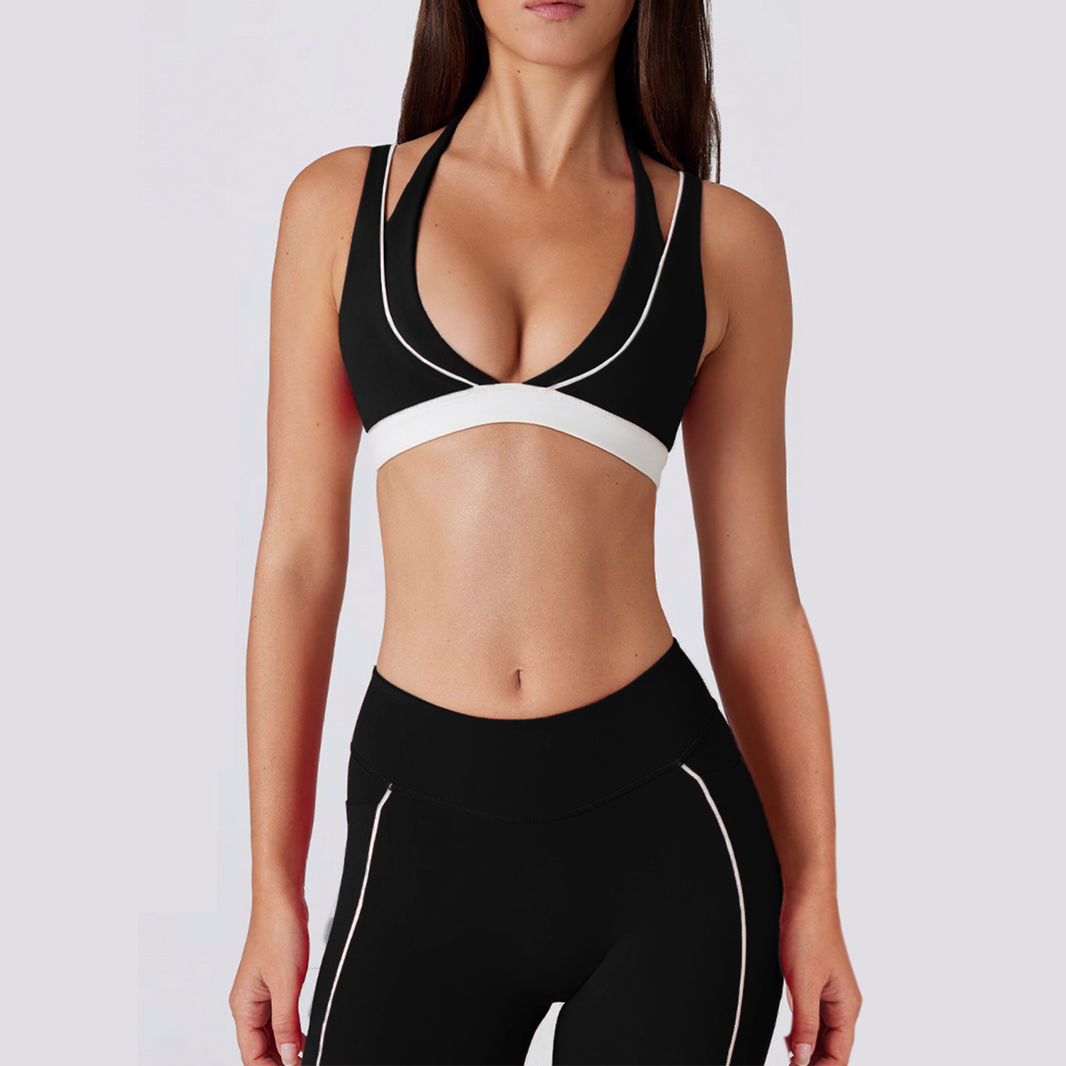 Two-Piece Color-Blocked Running And Fitness Shorts V-Neck Halter