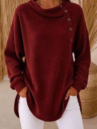 Women Solid Waffle Knit Pullover Tops Cowl Neck Asymmetric Button Decor Long Sleeve Loose Curved Hem Casual Shirts