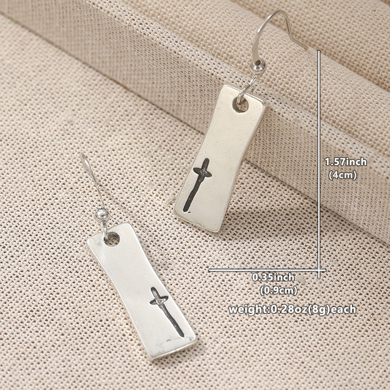 Vintage Cross Rectangle Drop Earrings Silver Tone