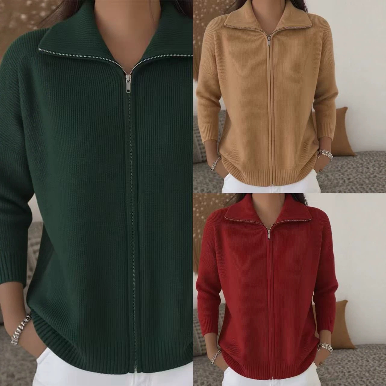 Zippered Knitted Lapel Sweater Cardigan Jacket Autumn and Winter