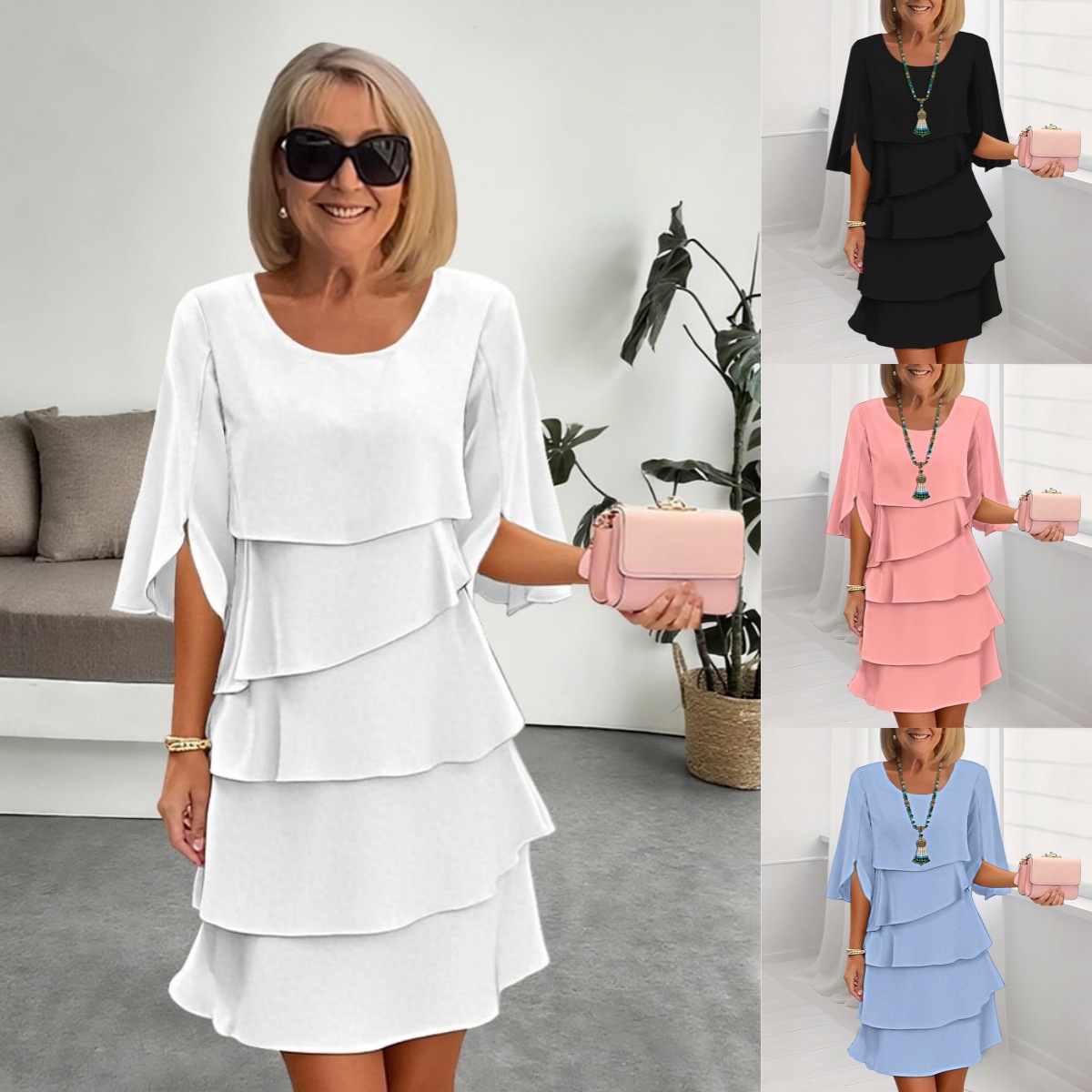 Spring Summer Fashion Solid Color Round Neck Tiered Spliced Dress For Women