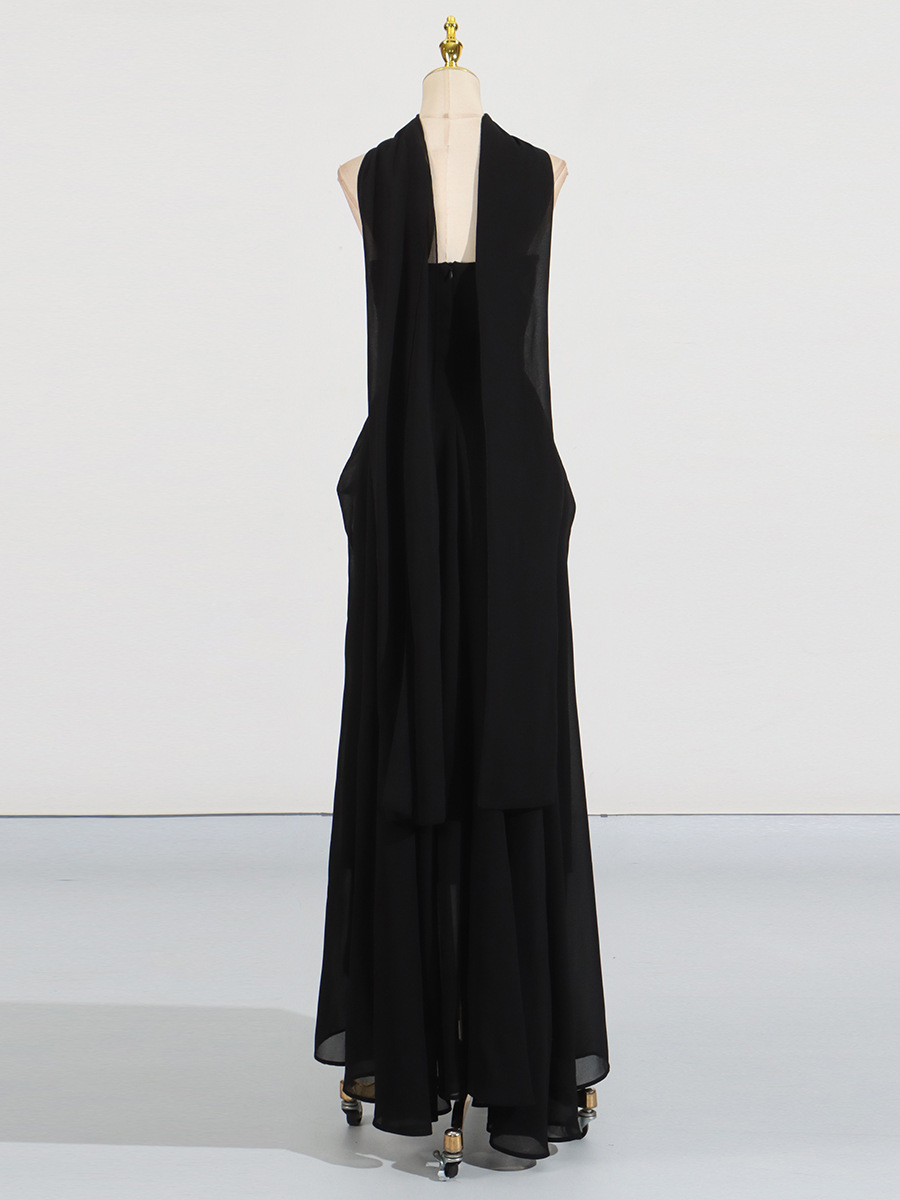 Black Lace Bodice Twist-Waist Midi Evening Dress
