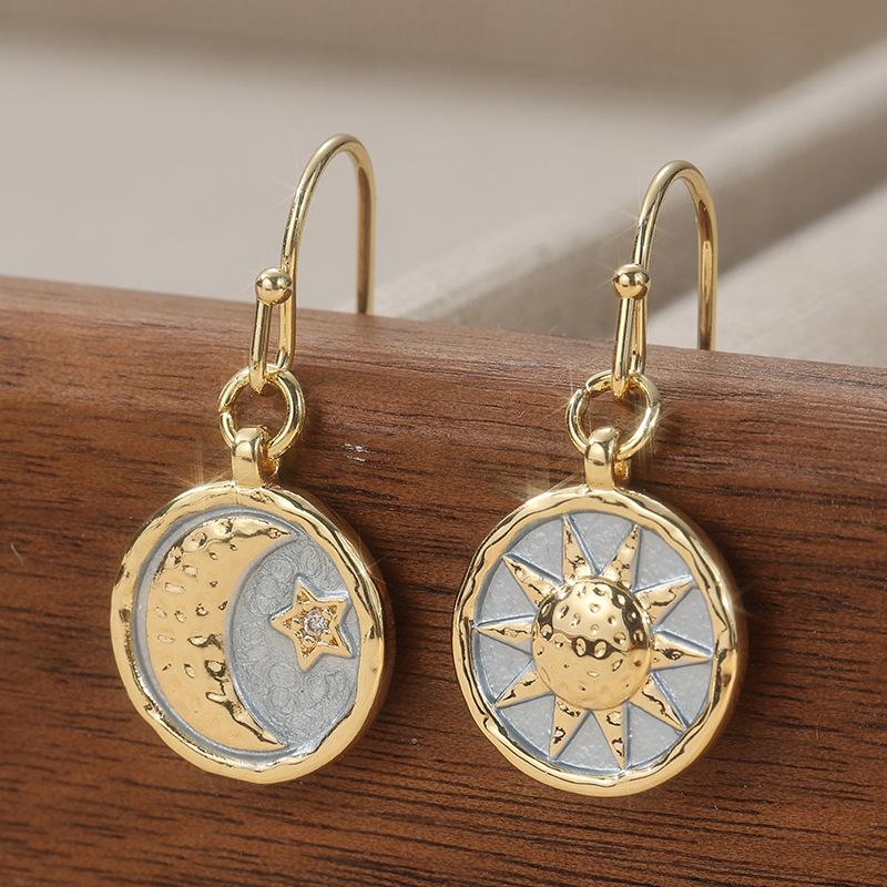 Celestial Sun Moon Drop Earrings Gold Tone Brass Women Vintage Artistic Party Fashion Jewelry Elegant