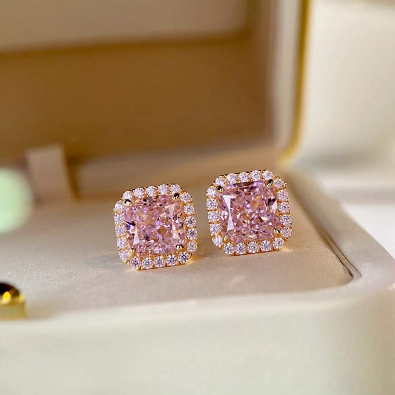 Women Cushion Cut Rosy Tone Cubic Zirconia Halo Stud Earrings, Rose Gold Plated All-match Daily Ear Jewelry