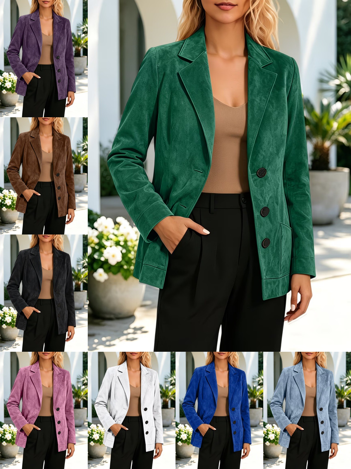 Women Faux Suede Blazer Jacket, Lapel Collar Single Breasted Long Sleeve Casual Office Coat With Pockets
