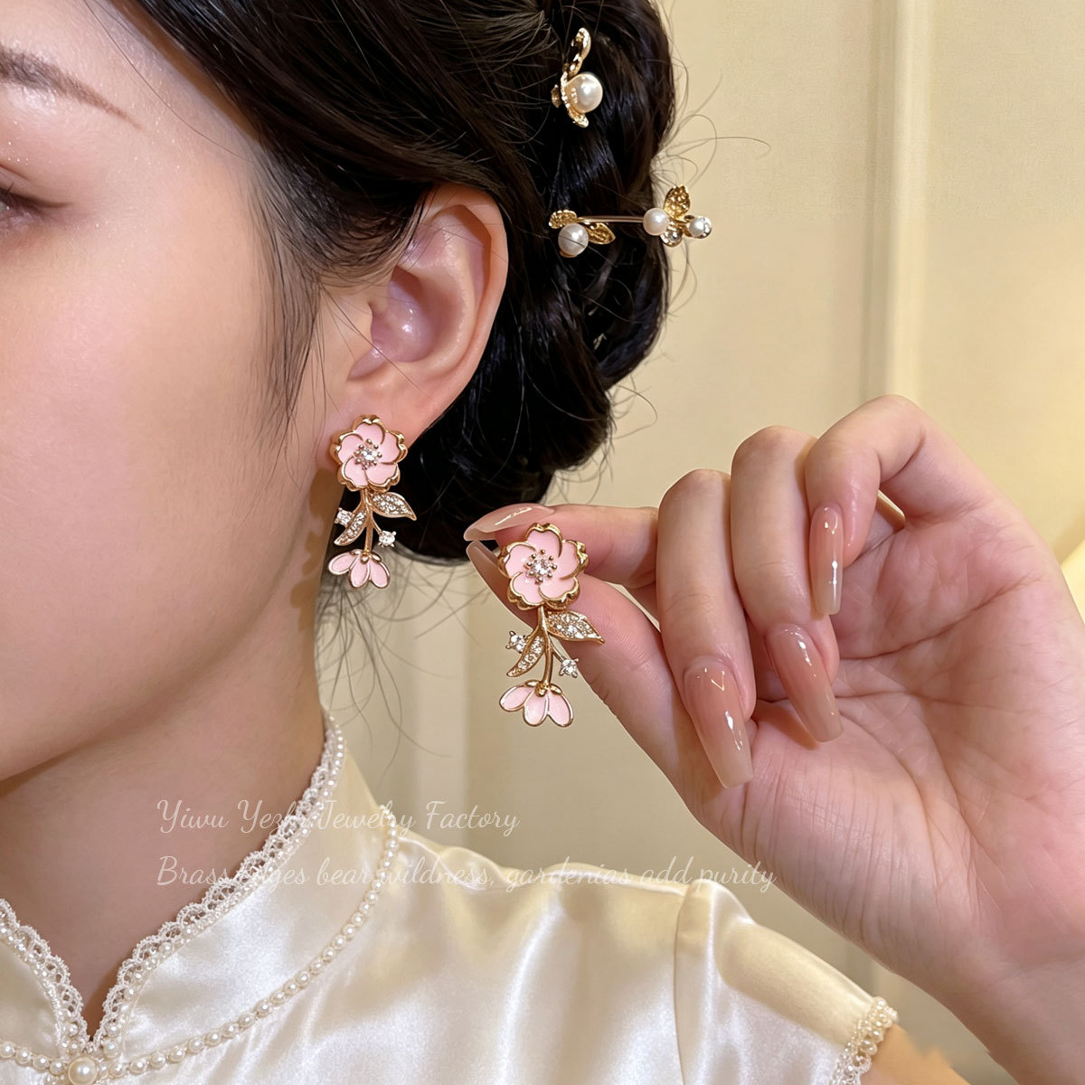 Korean-style Design, Elegant And Classic Earrings, Fresh And Sweet Peach Blossom Zirconia Stud Earrings, Pink Floral Ear Accessories