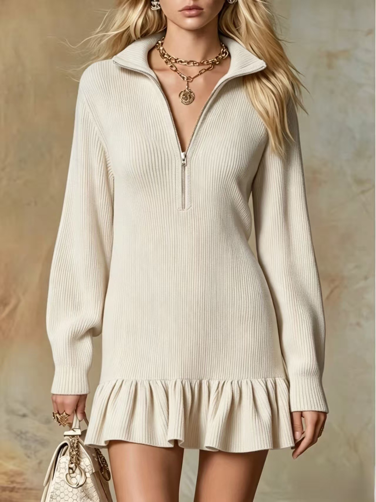 Cross-border 2026 Autumn-Winter New European And American Style Half-Zip Stand-Up Collar Dress For Women, Long-Sleeved Ruffled Skirt