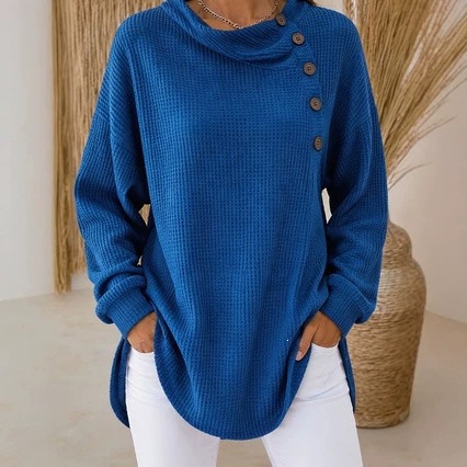 Women Solid Waffle Knit Pullover Tops Cowl Neck Asymmetric Button Decor Long Sleeve Loose Curved Hem Casual Shirts