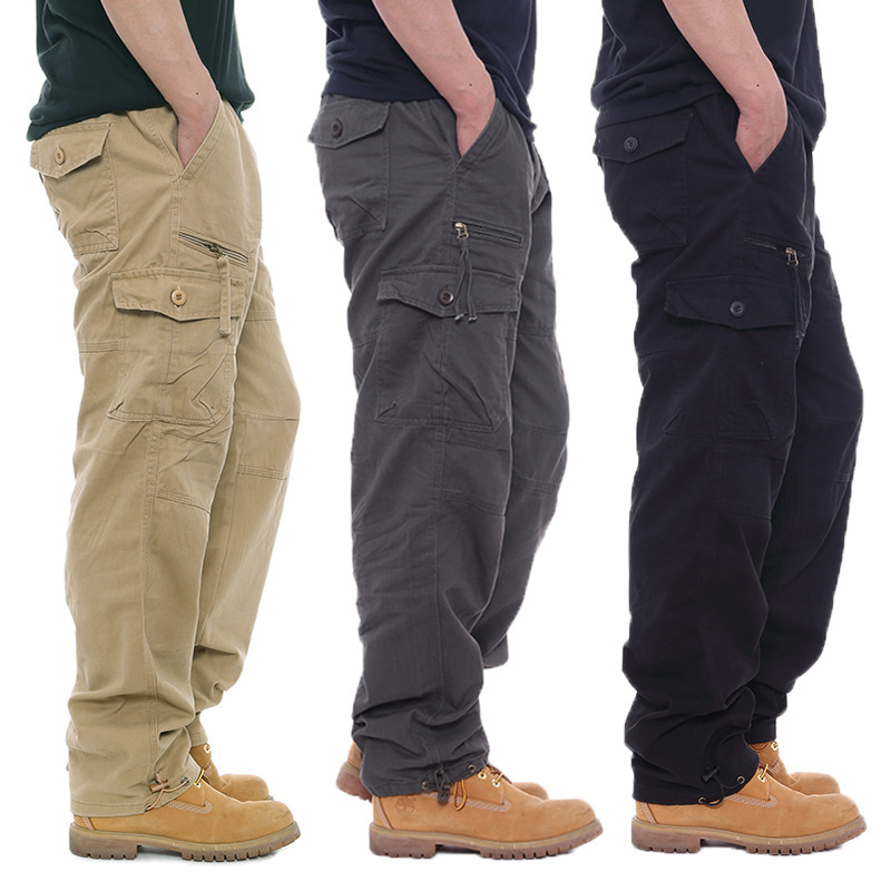 Men's Casual Cotton Work Pants With Elastic Waist, Large Size, Multi-Pocket, Loose Fit, Long Pants For Construction Site