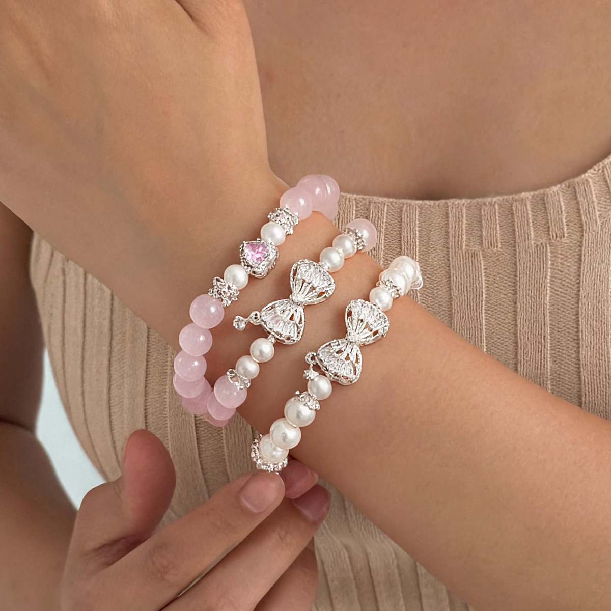 Women Elastic Cord Beaded Bracelet Set, Fashion