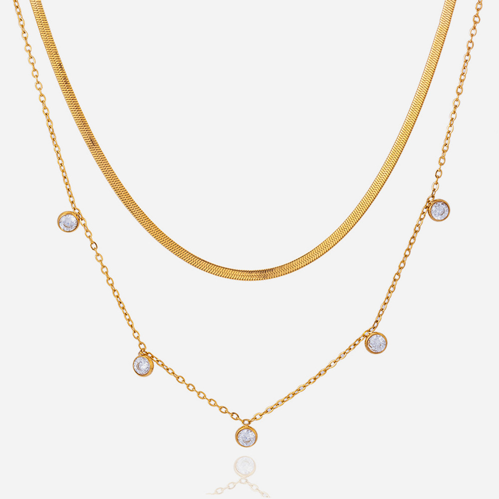 European And American Style Stainless Steel 18K Double-Layer Zircon Necklace, Exquisite And Fashionable Blade Chain Snake Chain, Cross-Border Hot-Selling Jewelry
