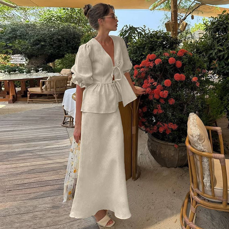 European And American Cross-Border Women's Clothing 2025 Summer New Fashion Puff Sleeve V-Neck Tie-Up Top High-Waisted Skirt Set 3