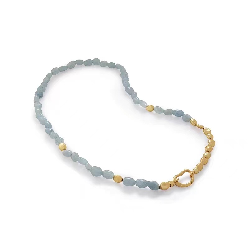 Blue Sapphire Beaded Necklace Bracelet Set Gold Tone Women Vacuum Plated Elegant Fashion Jewelry Versatile 4