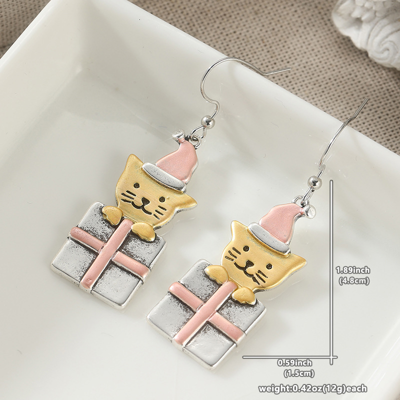 Cute Christmas Cat Gift Drop Earrings Silver Tone Brass Women Holiday Party Fashion Jewelry Festive