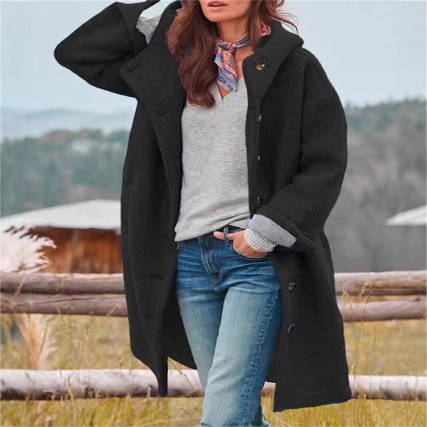 Autumn And Winter Popular Women's Jacket Amazon Long-Sleeved Long Hooded Woolen Casual Style Loose Coat