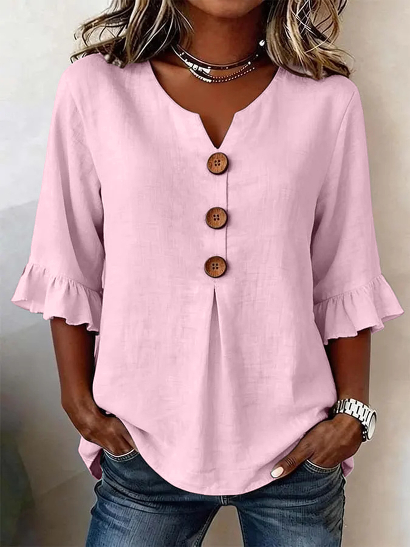 2026 Summer Women's V Neck Cotton Linen Button Up Shirt Solid Color Button Design Short Sleeve — image 7 of 15