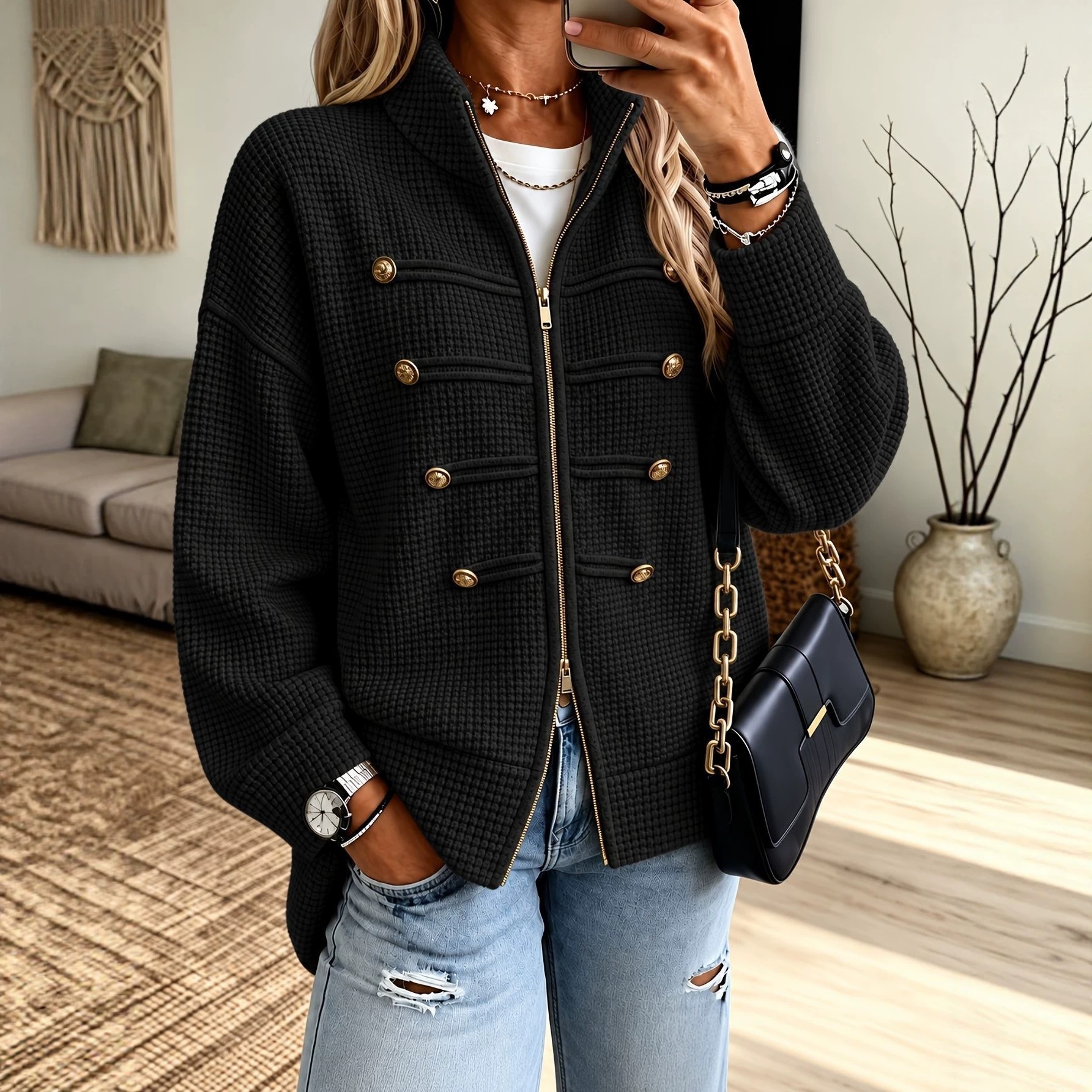 Anno New Women's Fashion Casual Zip & Button Jacket