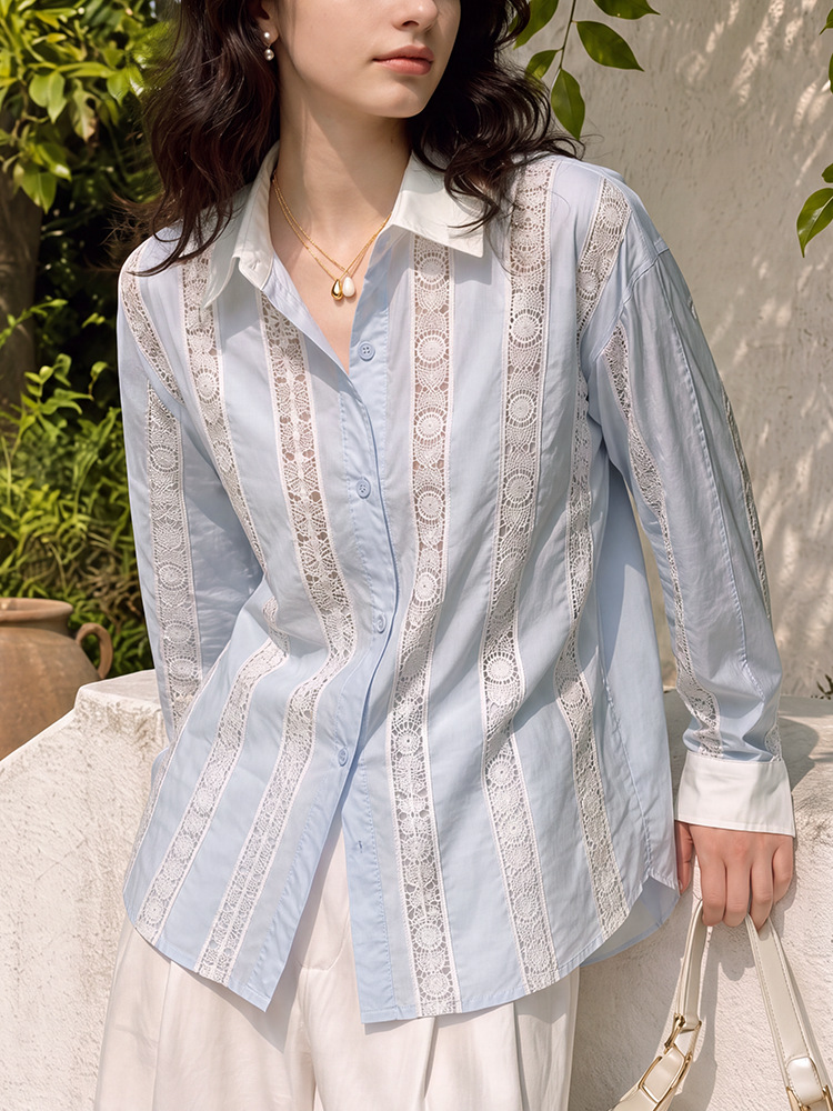 Crochet Lace Striped Long Sleeve Cotton Shirt
