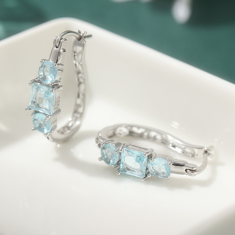 Elegant Blue Square Crystal Hoop Earrings Silver