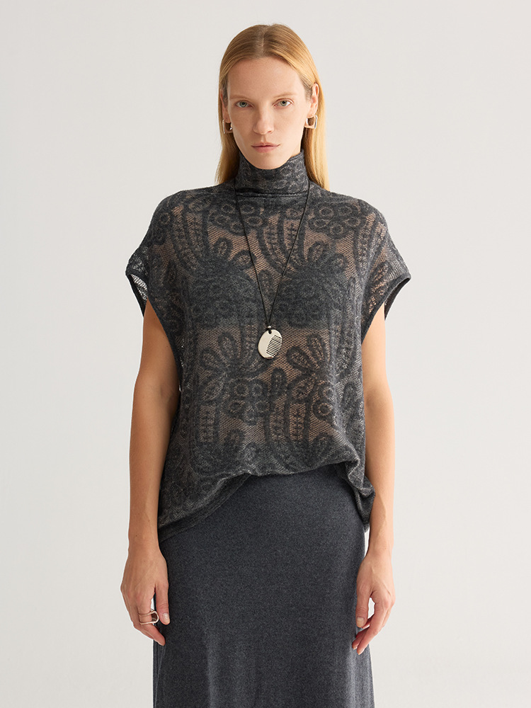 Rose Jacquard Sheer Cap-Sleeve High-Neck Knit Top