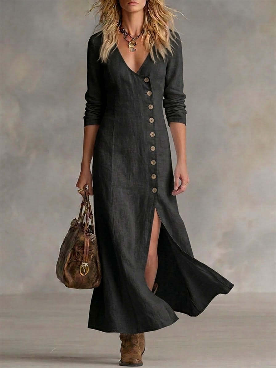 European And American Cross-Border Amazon New Spring And Summer Fashion Casual Cotton And Linen Long-Sleeve Button-Front Women's Dress