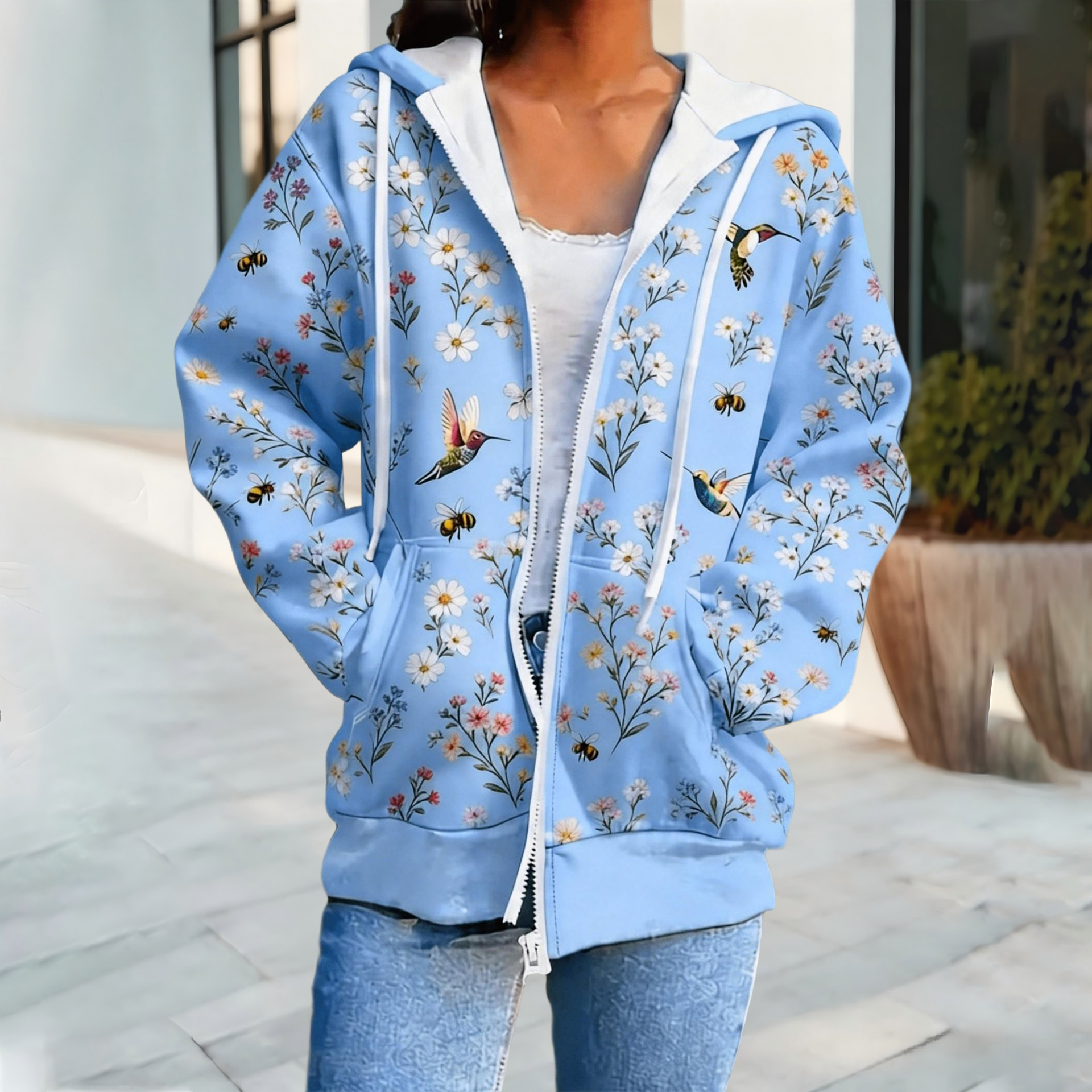 Cross Border European And American Style Women's Hooded Cardigan Casual Sweatshirt With Small Floral Digital Print And Zipper, Foreign Trade Supply For Autumn And Winter