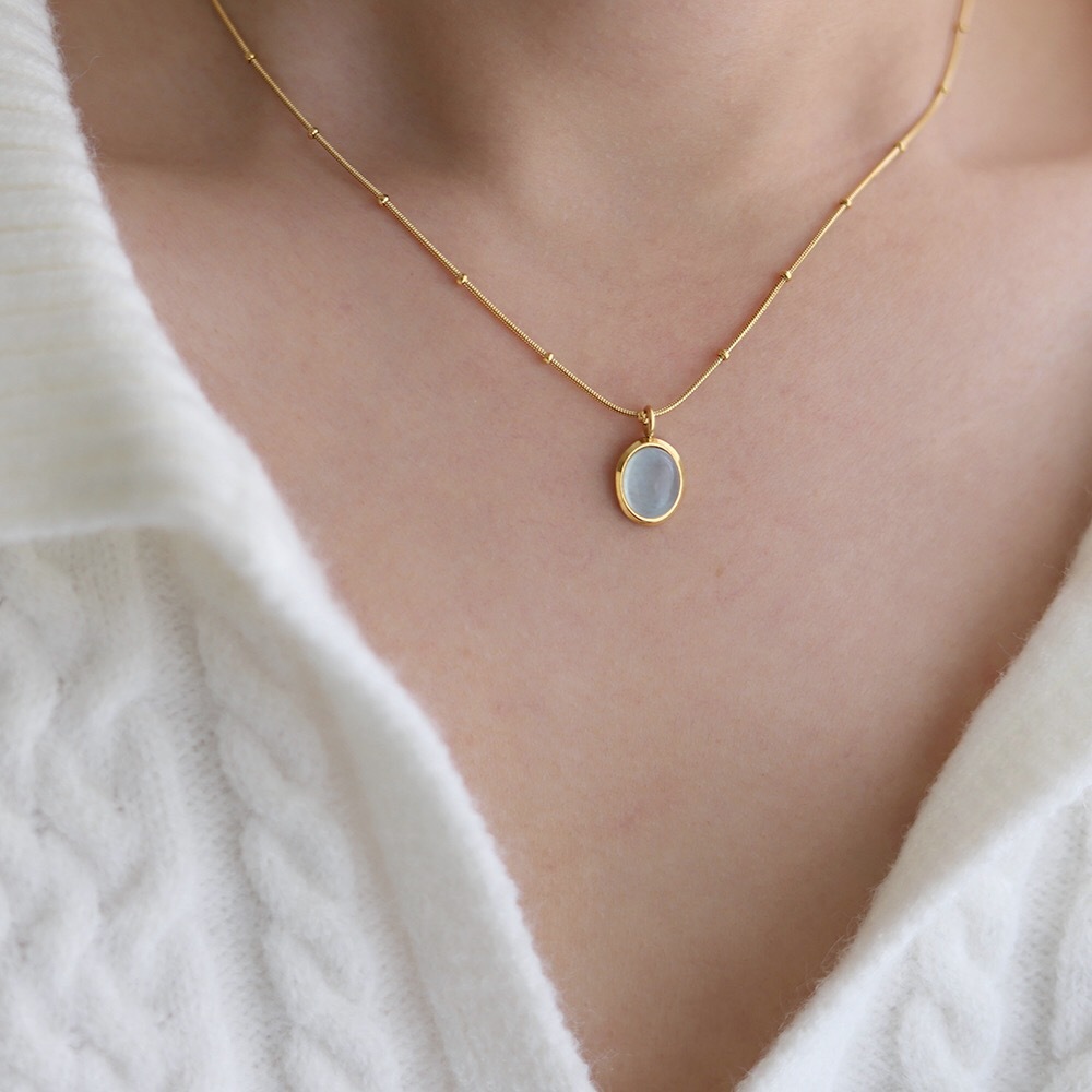 Starry Sea Oval Natural Aquamarine Necklace Clavicle Chain Titanium Steel Plated 18K Gold Color Preserving Live Broadcast