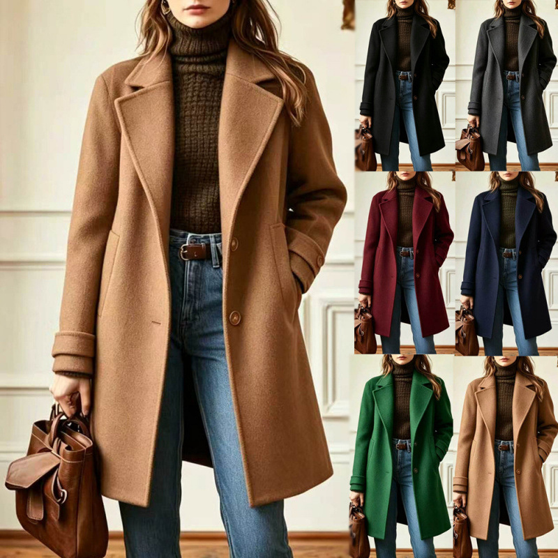 Cross-Border 2026 Autumn And Winter New Retro Casual Style Mid-Length Lapel Coat Women's Woolen Coat