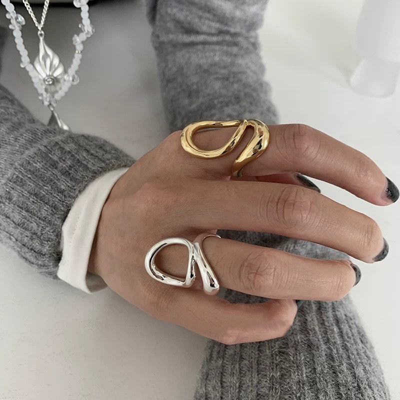 European American Style Unique Open Ring For Women, Geometric Exaggerated Hip Hop Punk Finger Band, Minimal Cold Tone Line Design Index Finger Jewelry 3