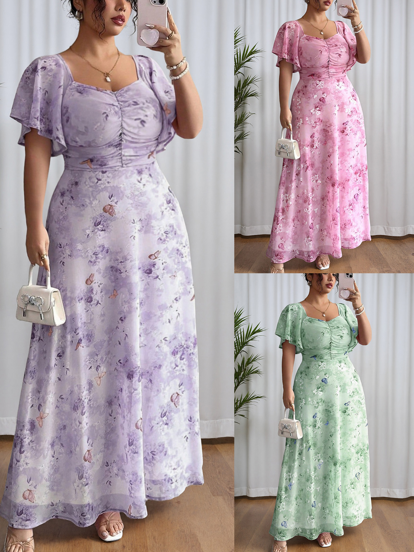 European And American Cross-Border Plus-Size Women's Clothing Butterfly Print Square Neck Ruched Waist Ruffle Sleeves Slimming Chiffon Dress