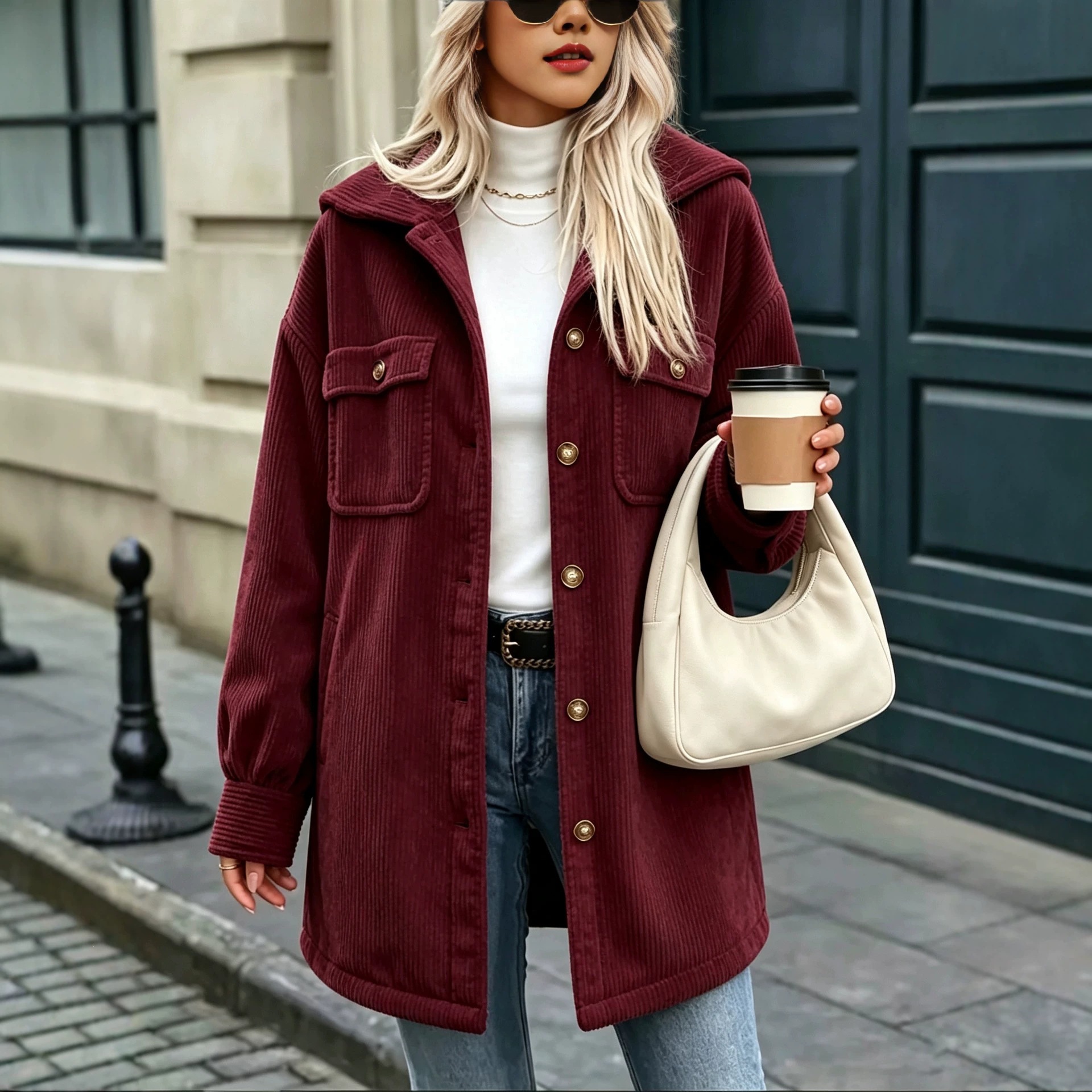 Long-sleeved Women's Simple Autumn And Winter Cardigan Jacket, Amazon Cross-border, Corduroy, Single-breasted, Hooded, European And American Style product image