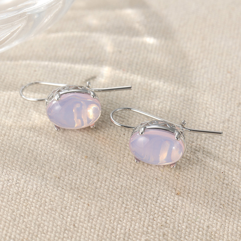 Vintage Oval Stone Drop Earrings Silver Tone