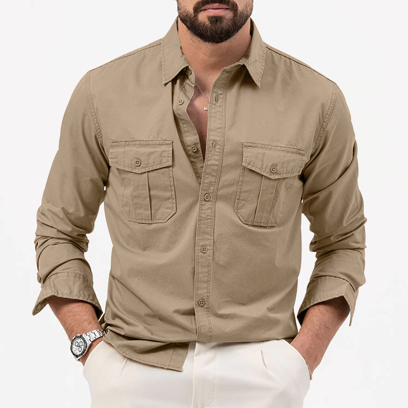 Men's Twin-Pocket Long-Sleeve Shirt - khaki front view showing flap pockets and button placket