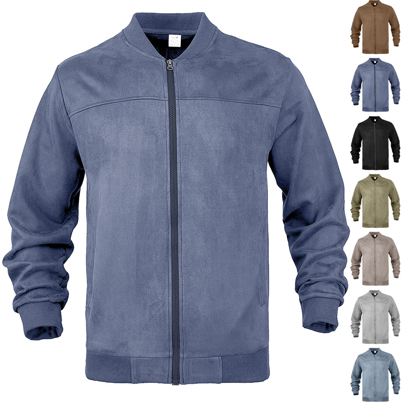 Cross-Border European And American Men's Suede Solid Color Casual Sports Stand Collar Zipper Jacket Plus Size Long Sleeve Cardigan