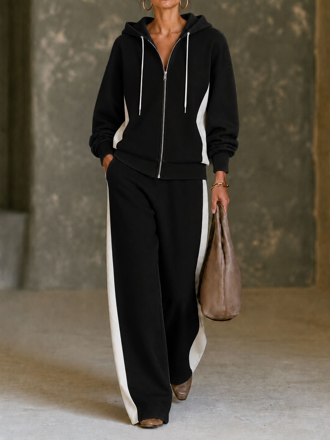 Women 2 Piece Tracksuit, Color Block Zip Up Hoodie & Wide Leg Pants Set, Casual Sweatshirt Jogger Outfit For Fall Winter
