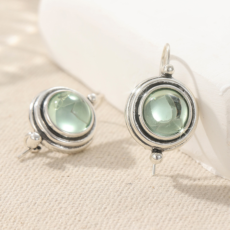 Vintage Green Stone Pearl Drop Earrings Silver