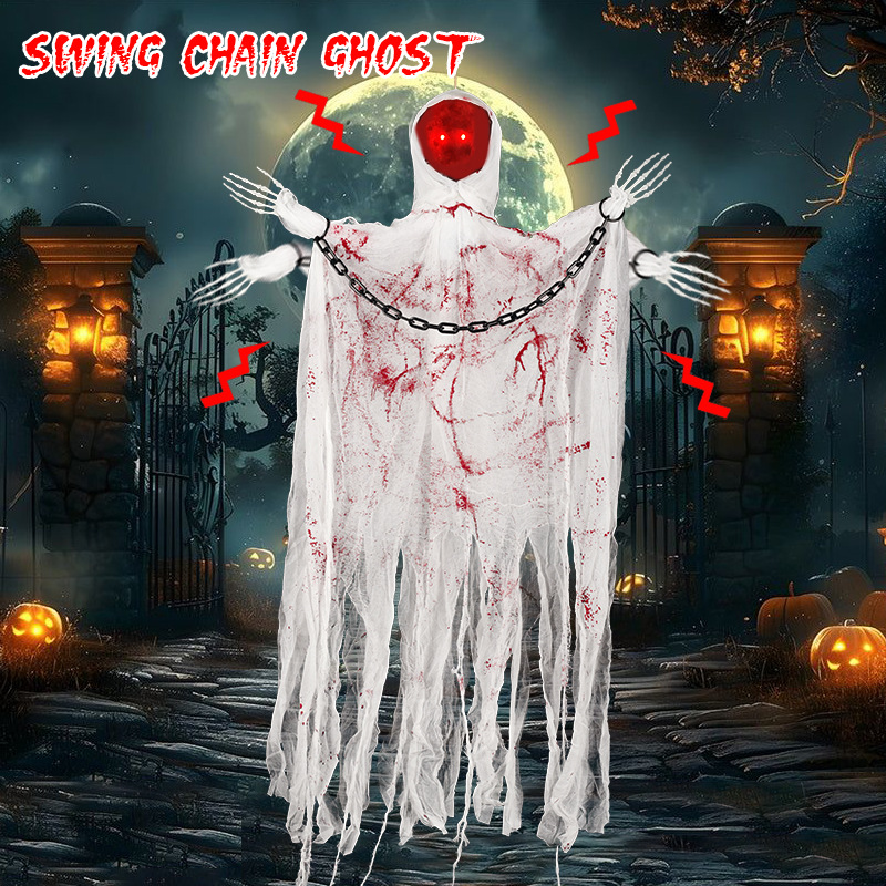 Cross-Border New Product Halloween Horror Faceless Chain White Ghost Sensor Electric Light-Emitting Sound Swing Scare Popular Fragrance Outfit