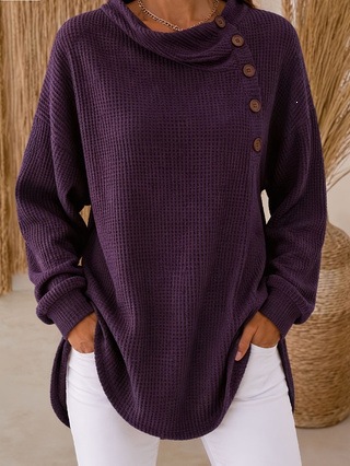 Women Solid Waffle Knit Pullover Tops Cowl Neck Asymmetric Button Decor Long Sleeve Loose Curved Hem Casual Shirts