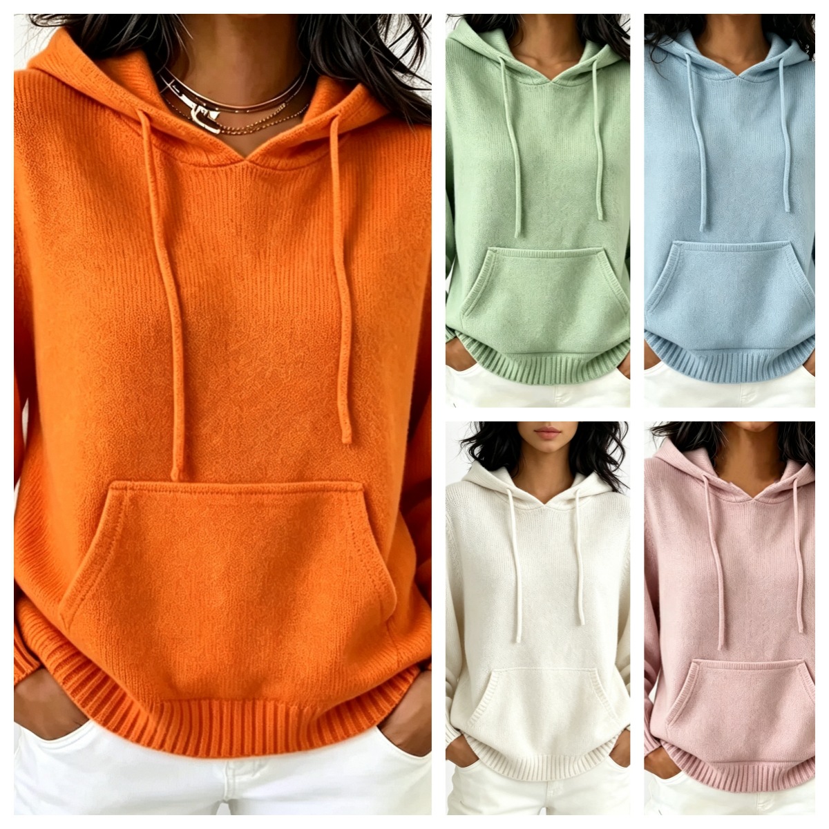 2026 European And American Cross-border Hooded Knit Sweatshirt Women's Autumn Winter Pullover Drawstring Pocket Sweater Casual Solid Color Women's
