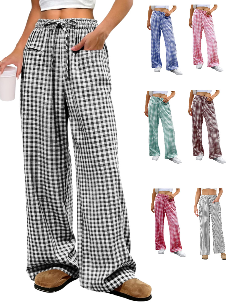 Women's High Waist Plaid Drawstring Casual Wide Leg Pants For Spring Summer