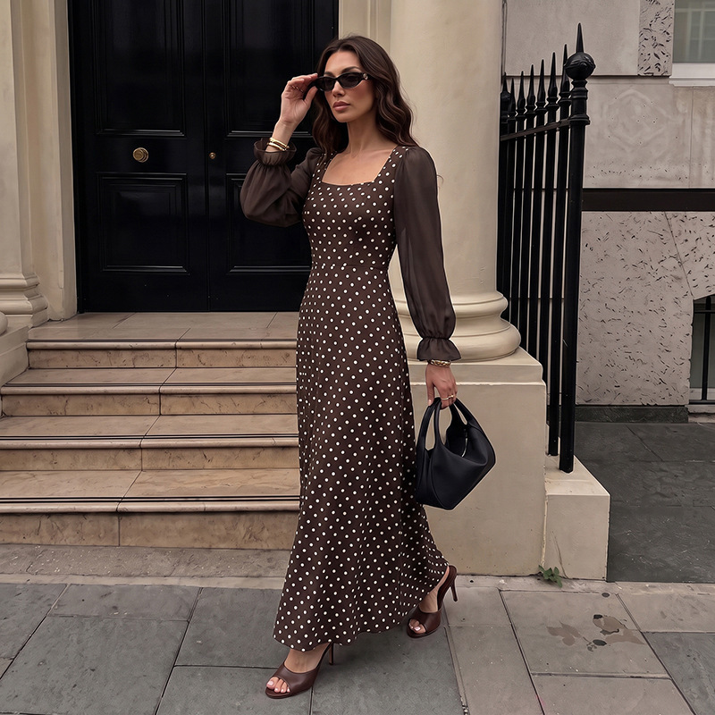European And American Cross-border 2026 Autumn And Winter New Sweet And Cool Retro Style Polka Dot Square-neck Chiffon Bell-sleeve Slim-fit